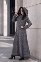 Dark grey hooded bouclé maxi dress Linda with reverse fabric back detail - EUG Fashion #dark-grey