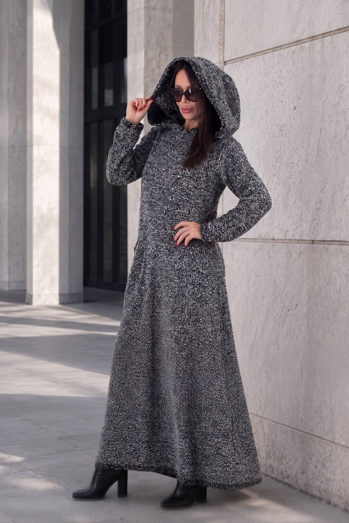 Dark grey hooded bouclé maxi dress Linda with reverse fabric back detail - EUG Fashion #dark-grey