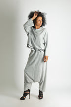 Light Grey knit set - black lettering, wide top and harem trousers with elasticated waist, Elena | EUG Fashion #light-grey⠋