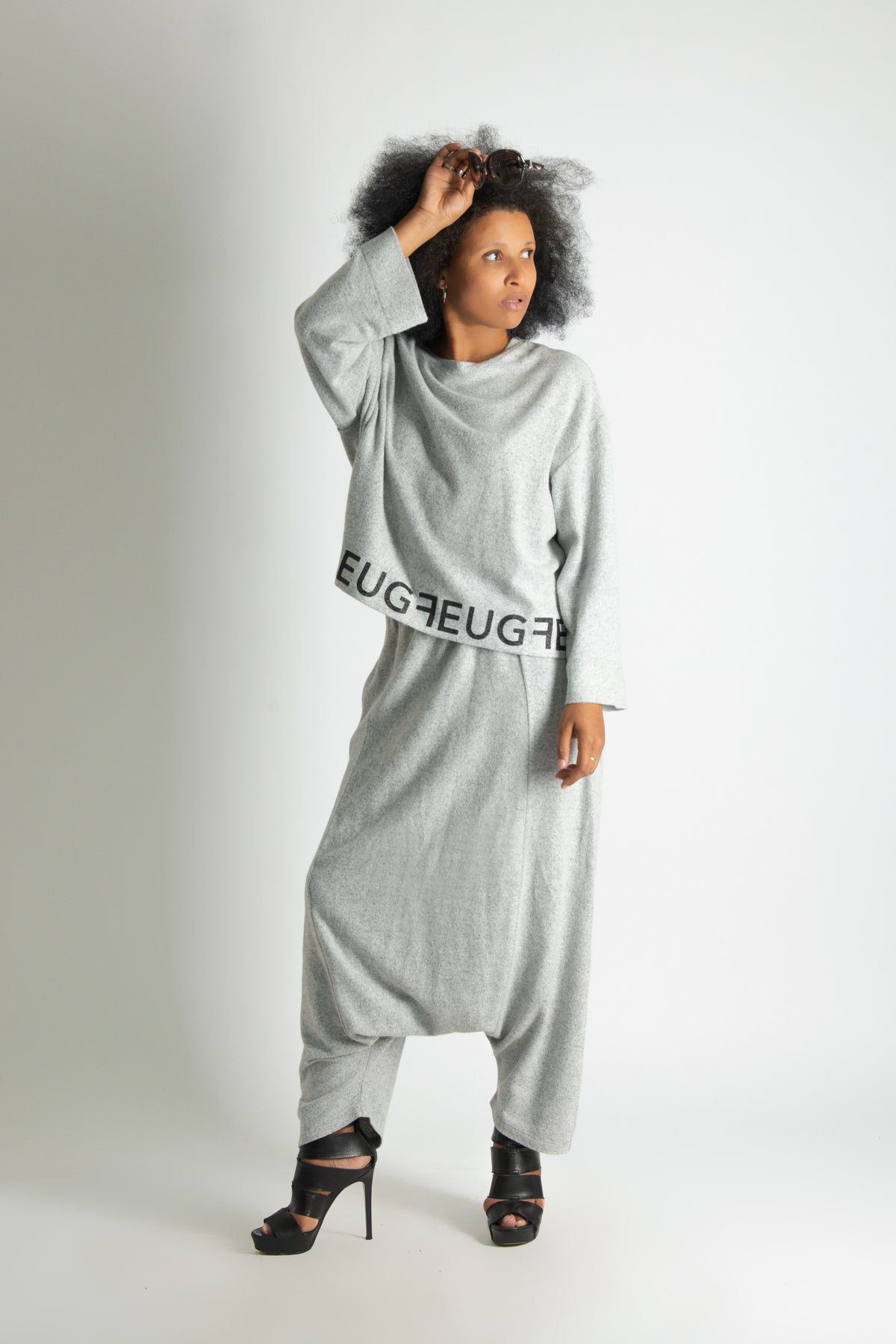 Light Grey knit set - black lettering, wide top and harem trousers with elasticated waist, Elena | EUG Fashion #light-grey⠋