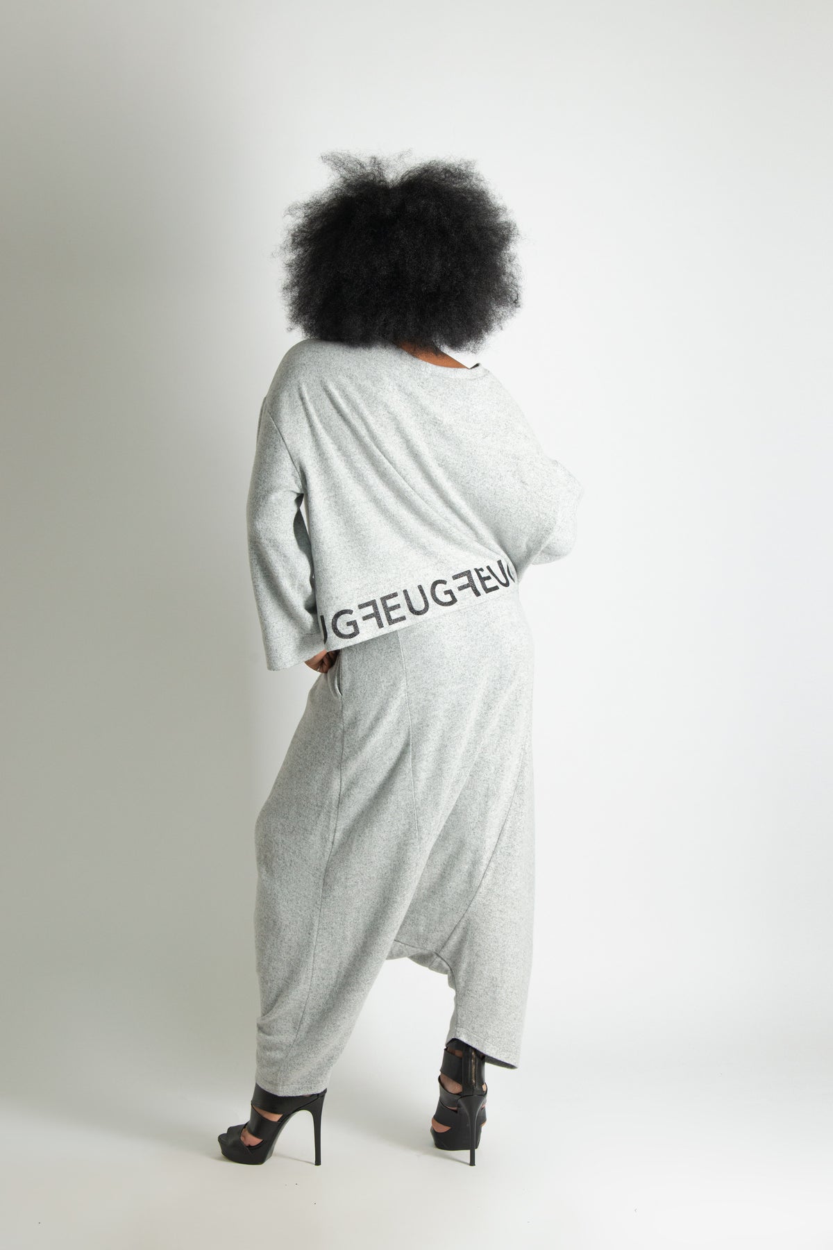 Light Grey knit set - black lettering, wide top and harem trousers with elasticated waist, Elena | EUG Fashion #light-grey⠋