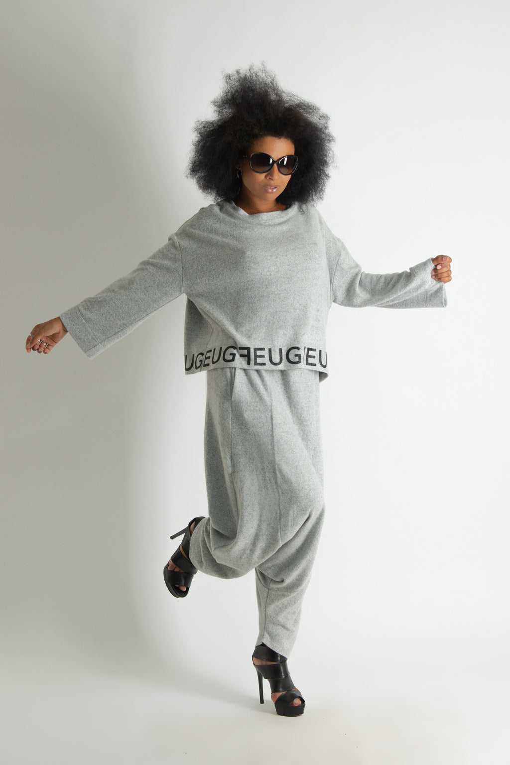 Light Grey knit set - black lettering, wide top and harem trousers with elasticated waist, Elena | EUG Fashion #light-grey⠋