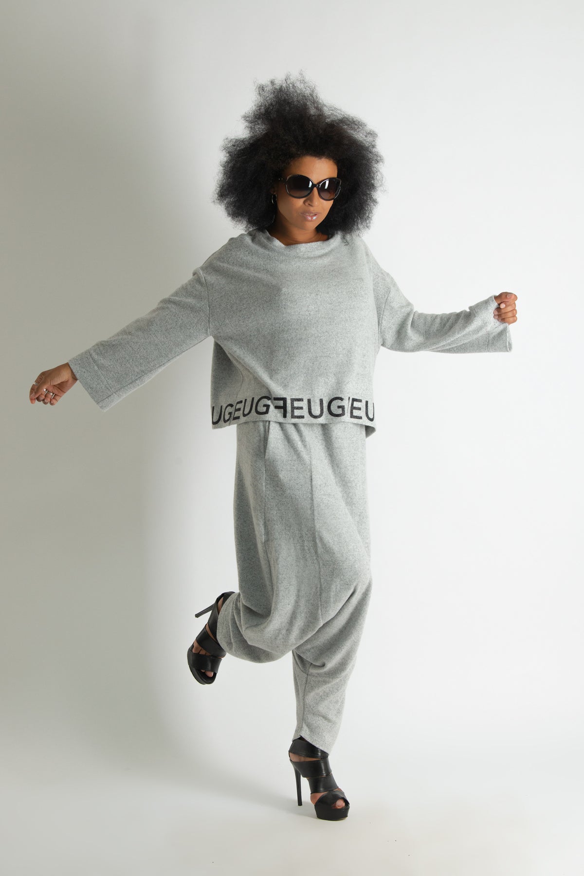 Light Grey knit set - black lettering, wide top and harem trousers with elasticated waist, Elena | EUG Fashion #light-grey⠋