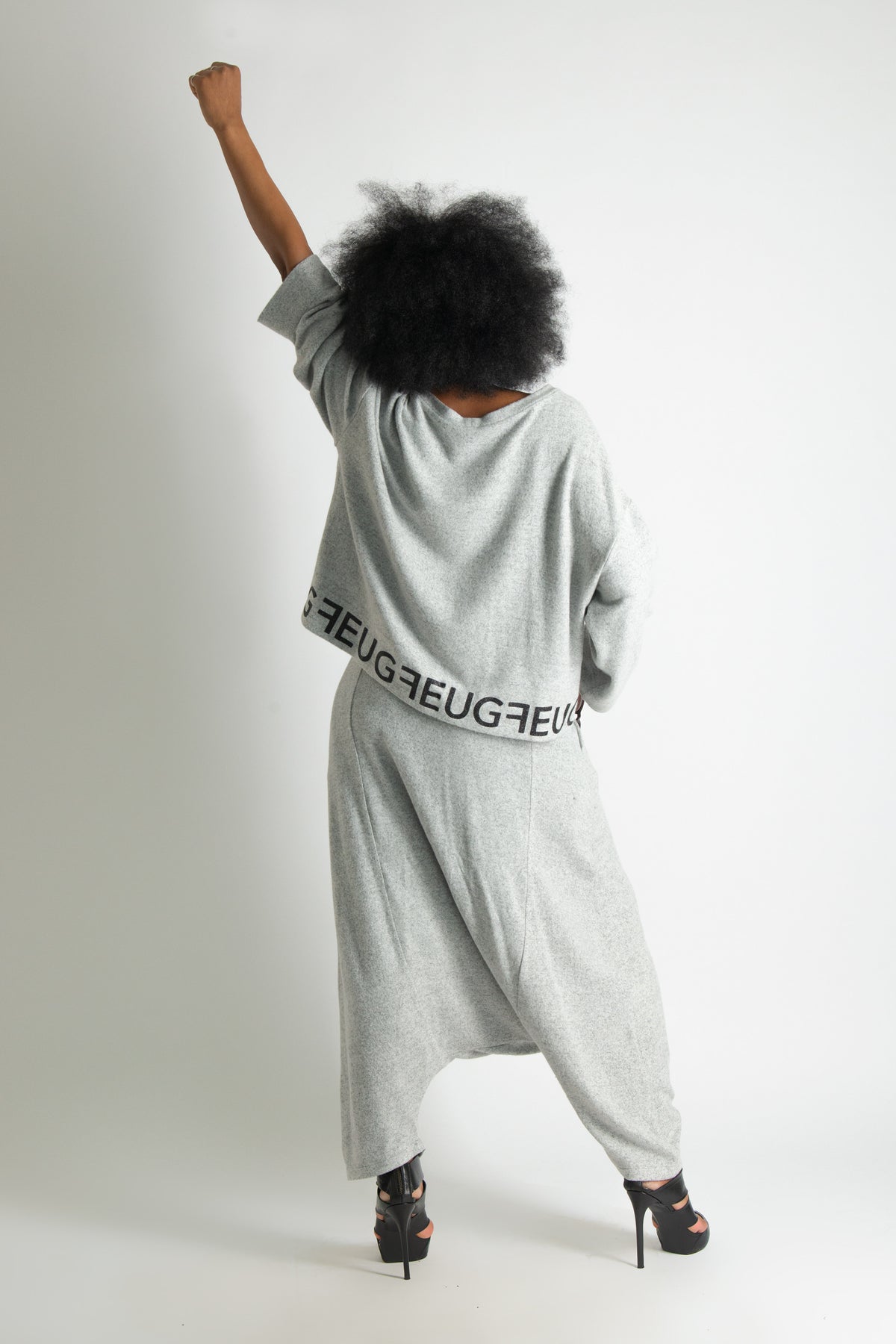 Light Grey knit set - black lettering, wide top and harem trousers with elasticated waist, Elena | EUG Fashion #light-grey⠋