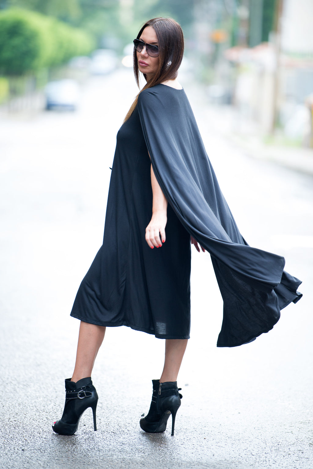 jersey black mid length dress - EUG fashion