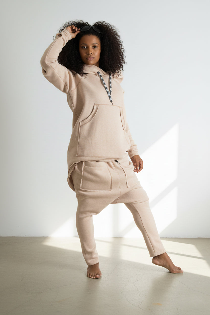 Beige fluffy hooded tracksuit with asymmetric top and harem trousers - warm winter wadding fabric, Megan | EUG Fashion #beige