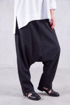 Black cotton drop-crotch pants Kony — EUG Fashion
