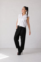 Black cotton satin drop-crotch pants Mauren — EUG Fashion
