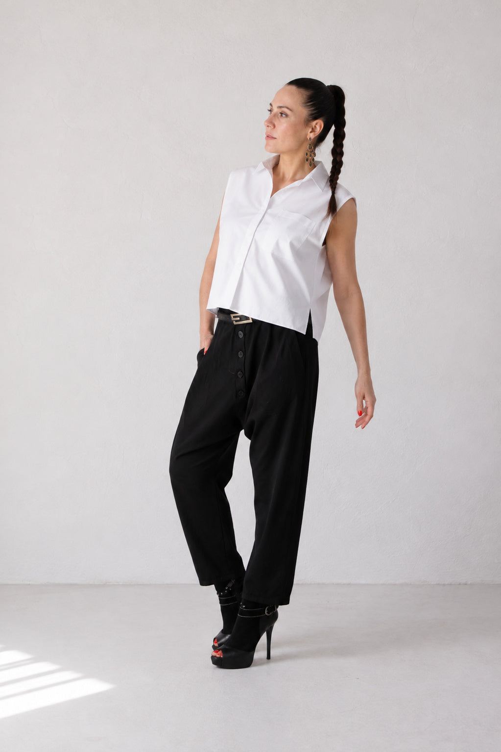 Black cotton satin drop-crotch pants Mauren — EUG Fashion
