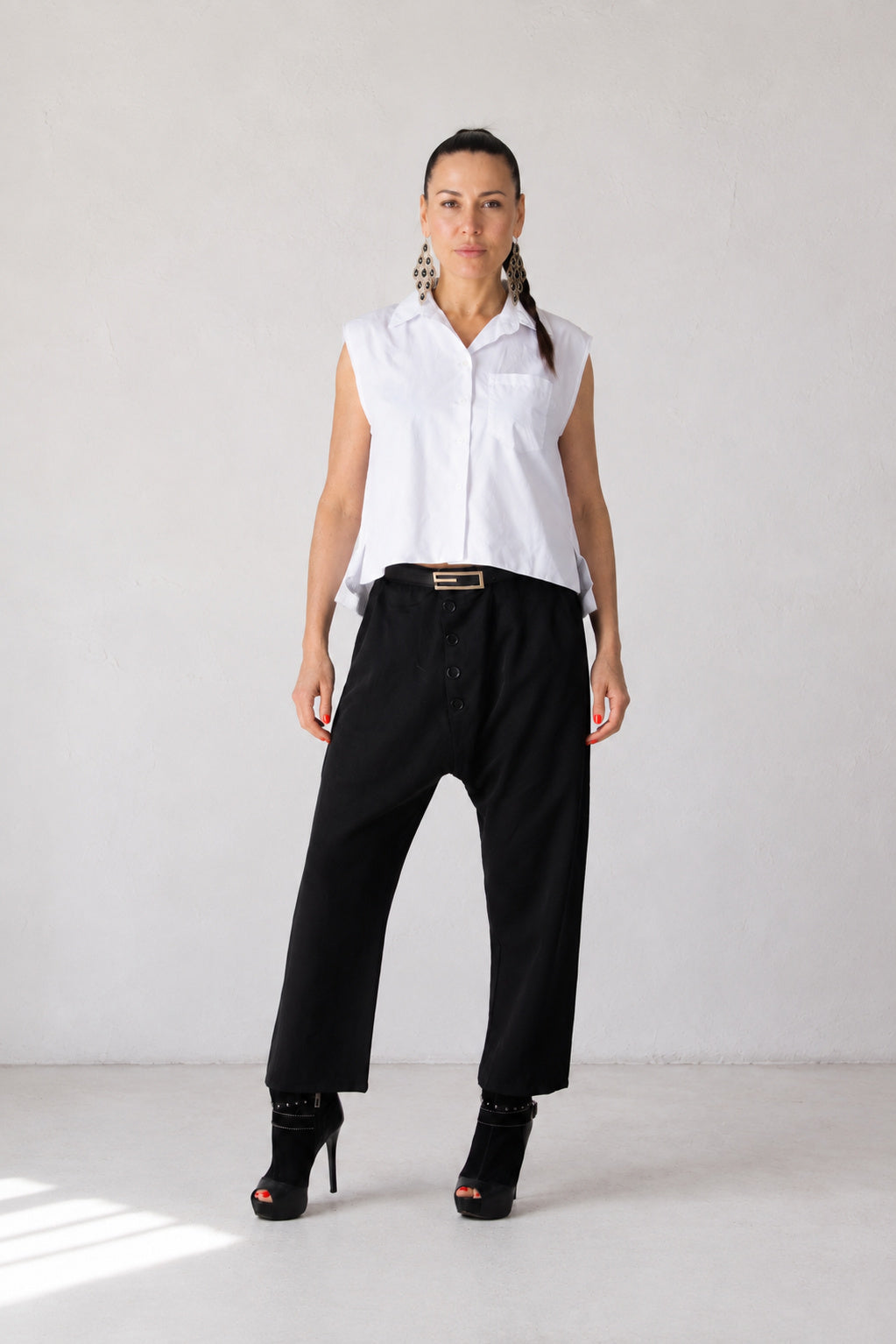 Black cotton satin drop-crotch pants Mauren — EUG Fashion
