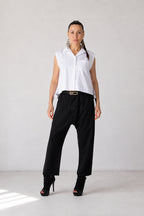 Black cotton satin drop-crotch pants Mauren — EUG Fashion
