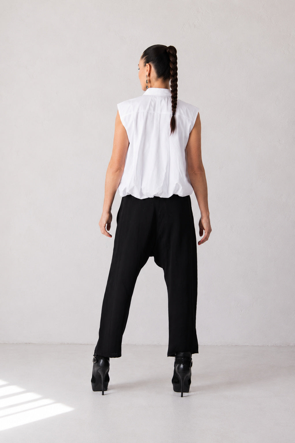 Black cotton satin drop-crotch pants Mauren — EUG Fashion
