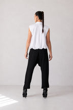 Black cotton satin drop-crotch pants Mauren — EUG Fashion
