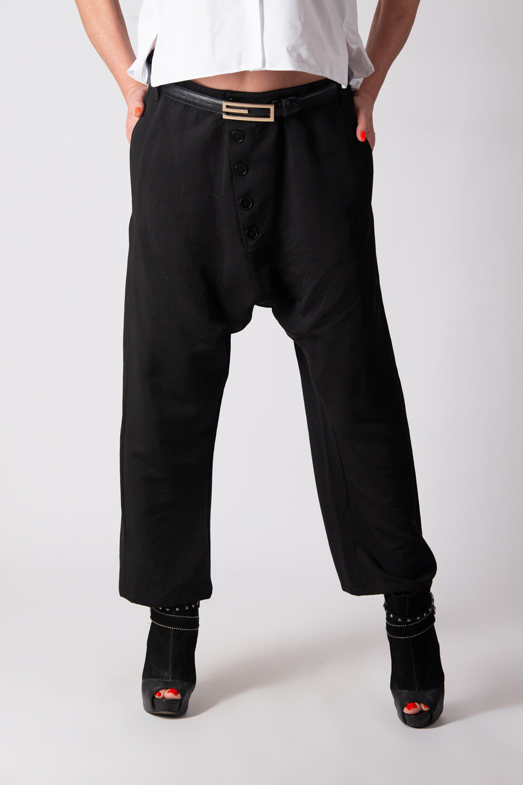 Black cotton satin drop-crotch pants Mauren — EUG Fashion
