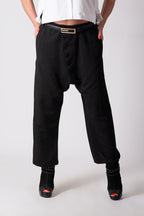 Black cotton satin drop-crotch pants Mauren — EUG Fashion
