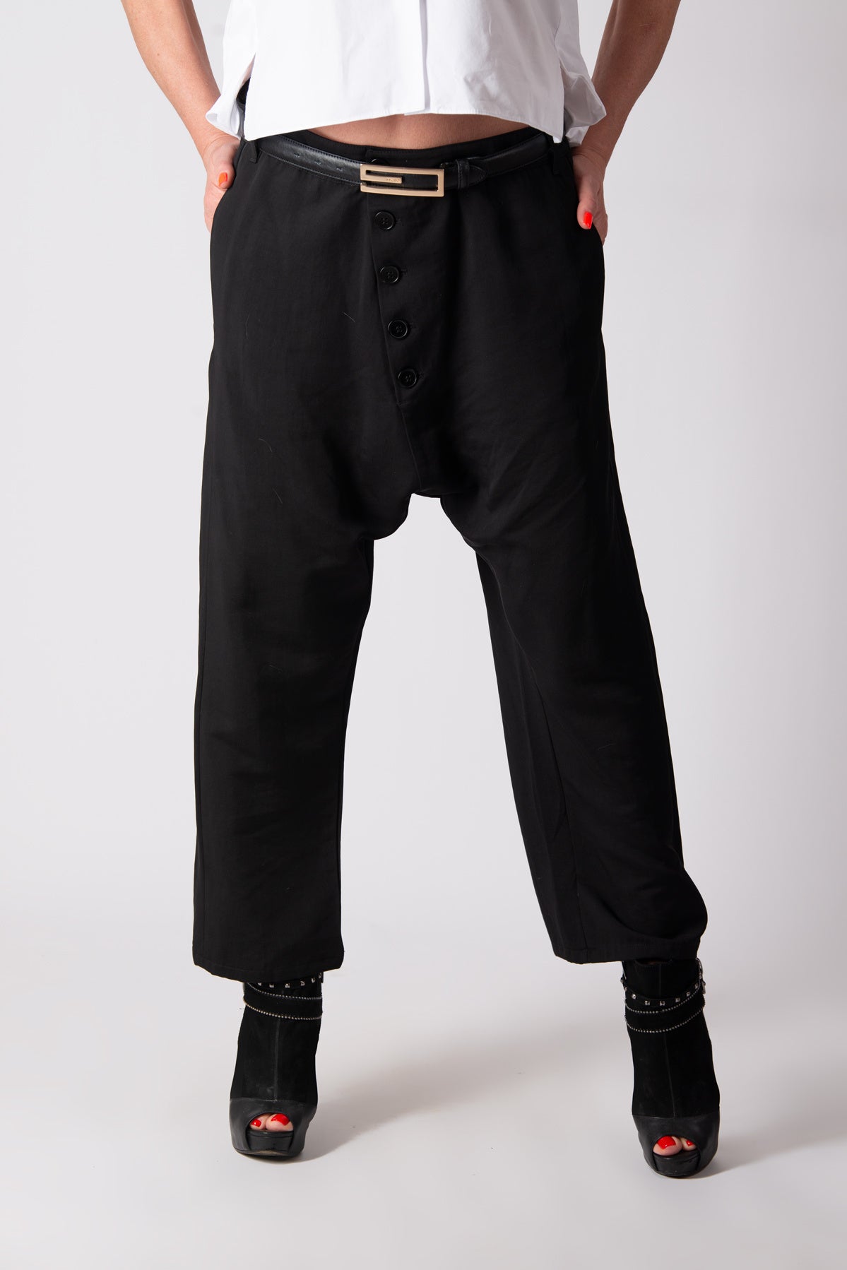Black cotton satin drop-crotch pants Mauren — EUG Fashion
