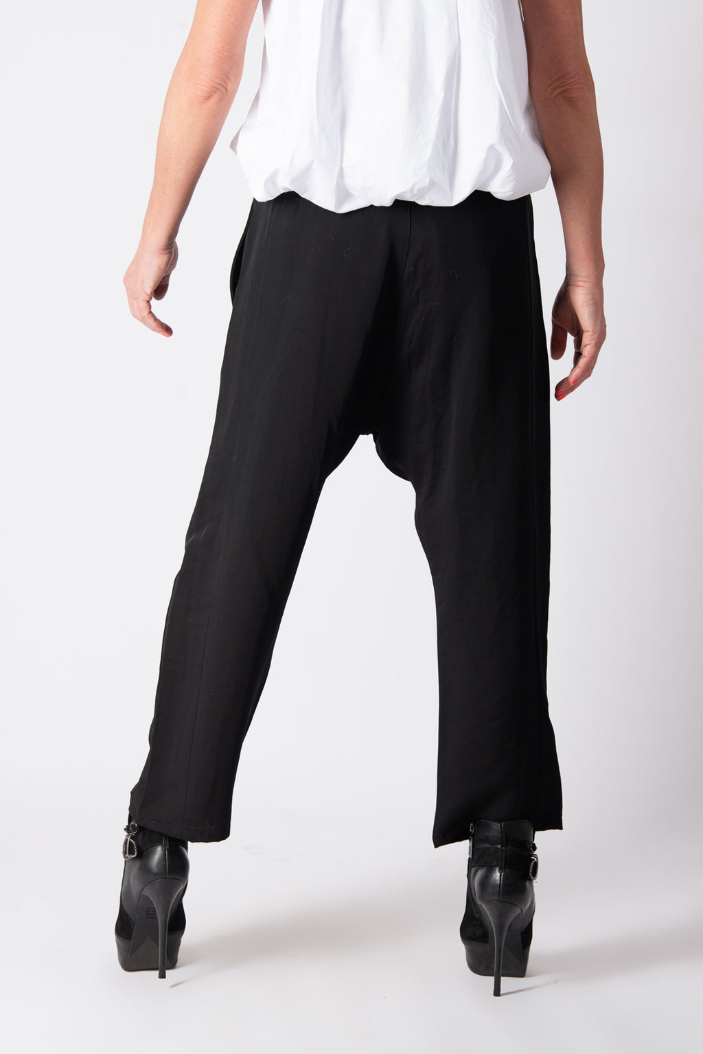 Black cotton satin drop-crotch pants Mauren — EUG Fashion
