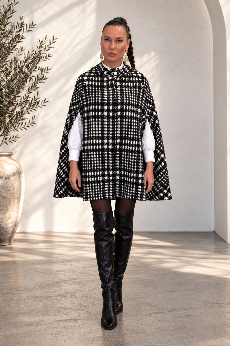 Black and white houndstooth cape coat - A-line silhouette, arm openings and above-knee length, HEIDI | EUG Fashion #houndstooth