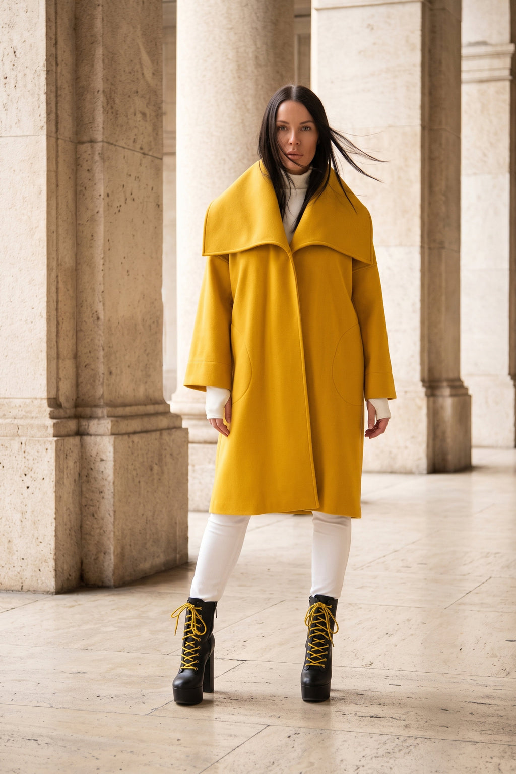 Yellow wide cape coat Helen with shawl collar open front - EUG Fashion #yellow
