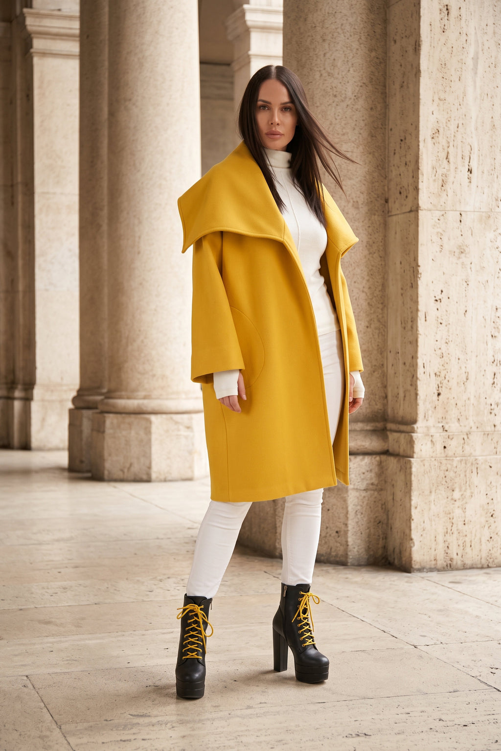 Yellow wide cape coat Helen with shawl collar open front - EUG Fashion #yellow

