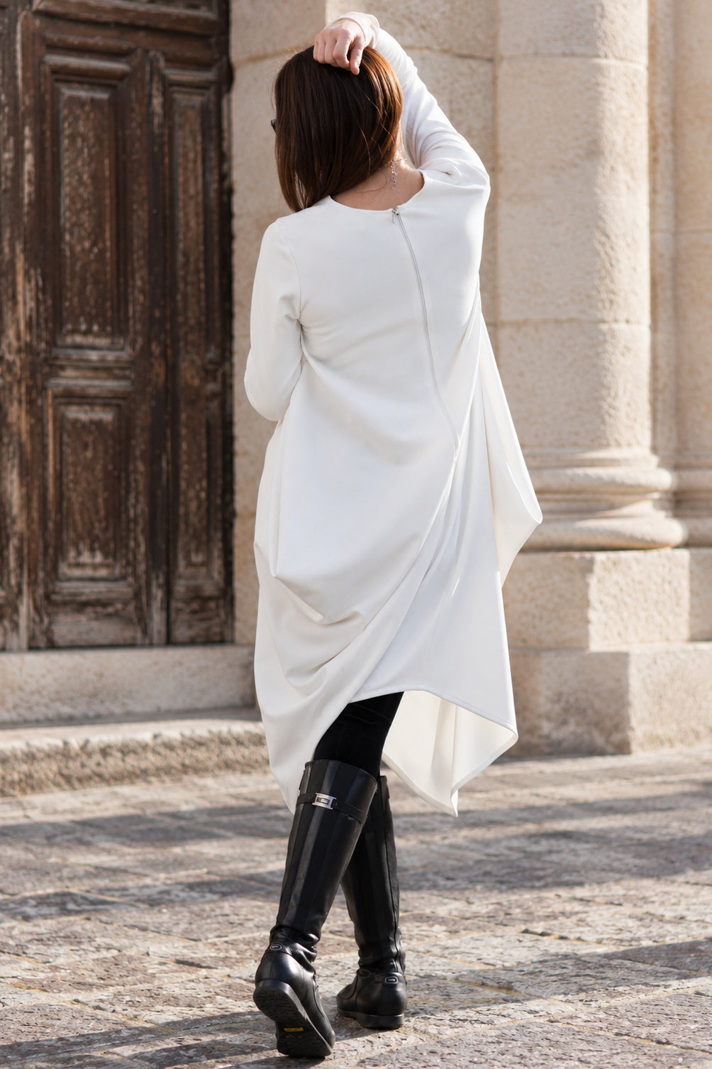 Off white asymmetric punto milano dress Holly with round neckline and back zip - EUG Fashion #white