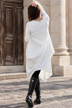 Off white asymmetric punto milano dress Holly with round neckline and back zip - EUG Fashion #white