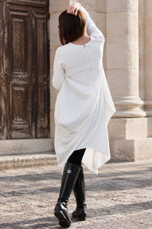 Off white asymmetric punto milano dress Holly with round neckline and back zip - EUG Fashion #white
