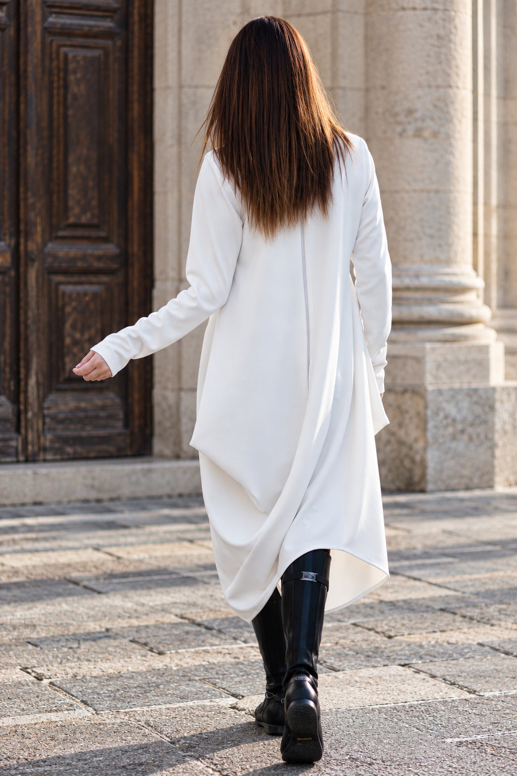 Off white asymmetric punto milano dress Holly with round neckline and back zip - EUG Fashion #white