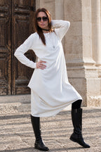 Off white asymmetric punto milano dress Holly with round neckline and back zip - EUG Fashion #white