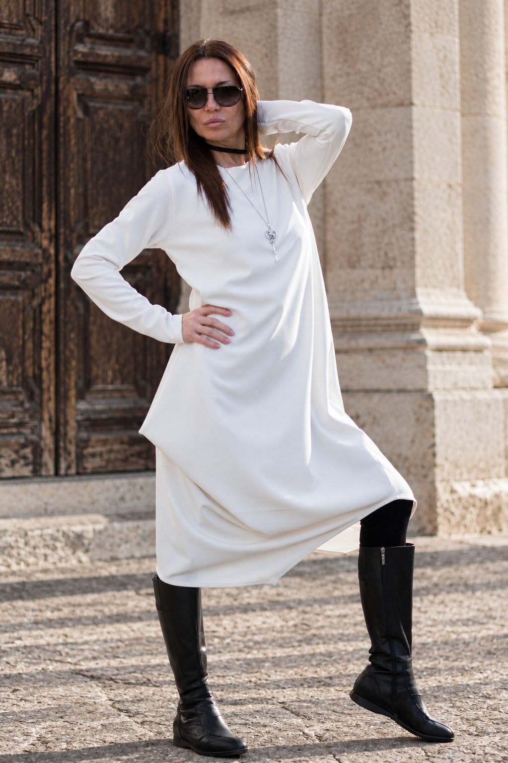 Off white asymmetric punto milano dress Holly with round neckline and back zip - EUG Fashion #white
