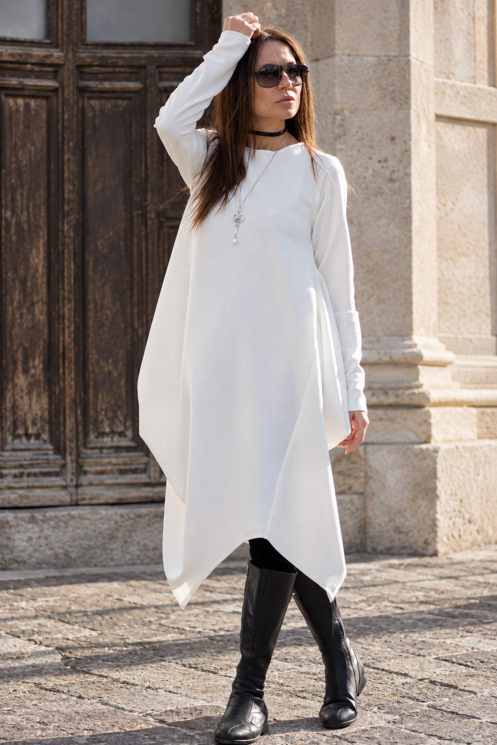 Off white asymmetric punto milano dress Holly with round neckline and back zip - EUG Fashion #white