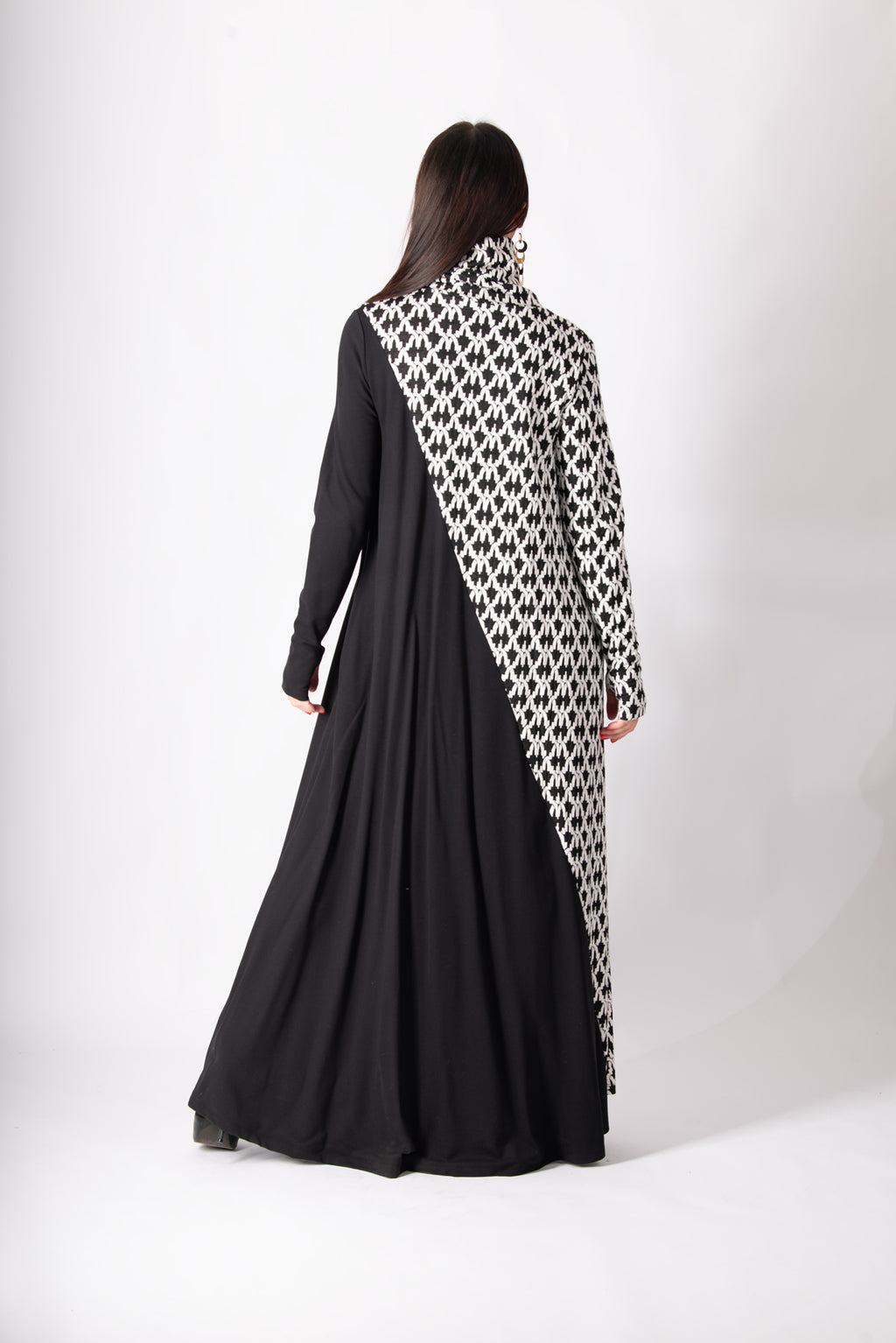 Black and white houndstooth turtleneck A-line dress Vivian - EUG Fashion 