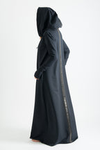 Black hooded maxi dress Tina cotton terry with neoprene back band - EUG Fashion #black

