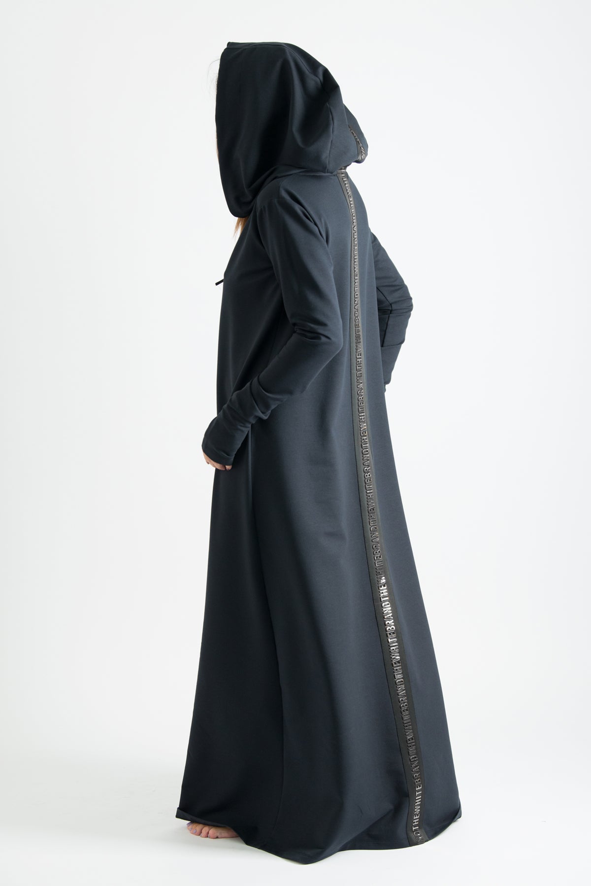 Black hooded maxi dress Tina cotton terry with neoprene back band - EUG Fashion #black

