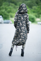 Military green camouflage hooded cotton vest with front zipper and asymmetric design - drawstring balloon hem, thumb-hole sleeves, Lily | EUG Fashion #military-green
