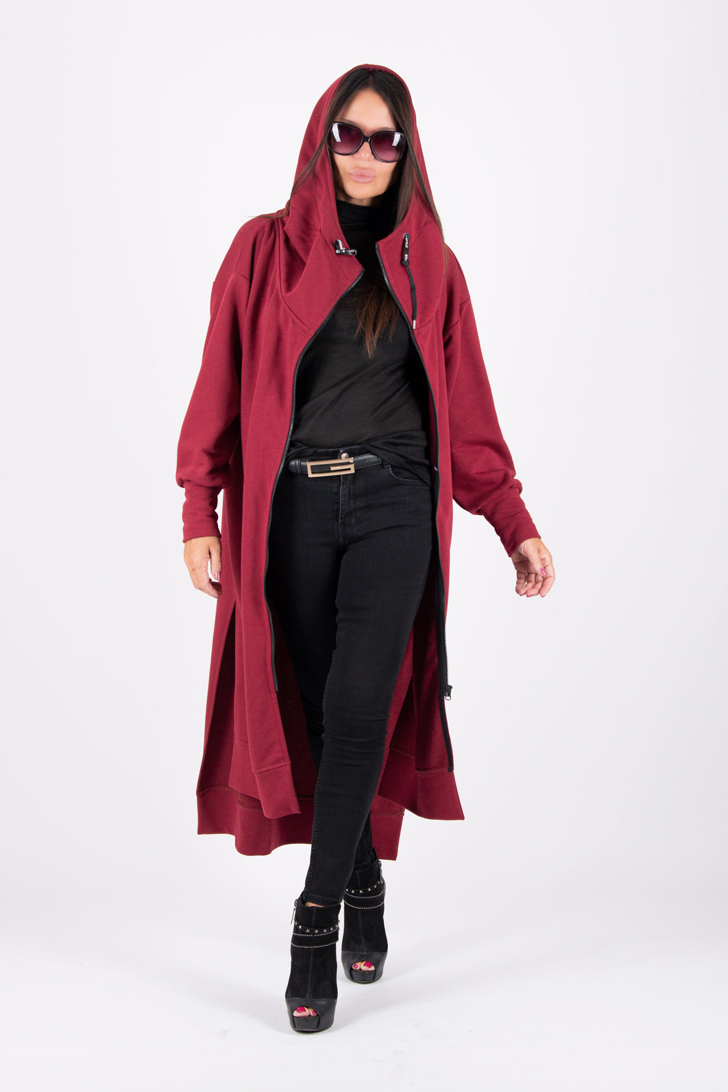 Dark Red long zip-up hooded top - mid-calf length, back print and side pockets, Trani | EUG Fashion #dark-red