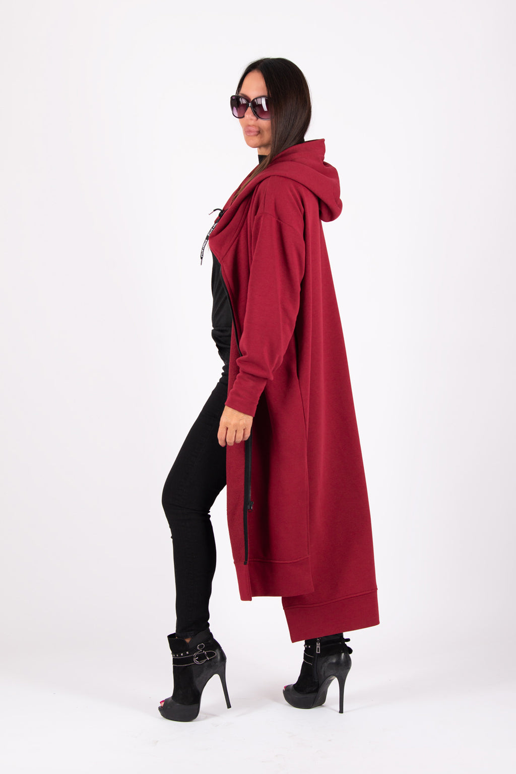 Dark Red long zip-up hooded top - mid-calf length, back print and side pockets, Trani | EUG Fashion #dark-red