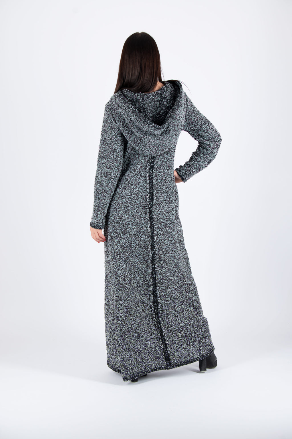 Dark grey hooded bouclé maxi dress Linda with reverse fabric back detail - EUG Fashion #dark-grey
