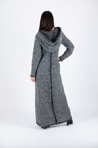 Dark grey hooded bouclé maxi dress Linda with reverse fabric back detail - EUG Fashion #dark-grey