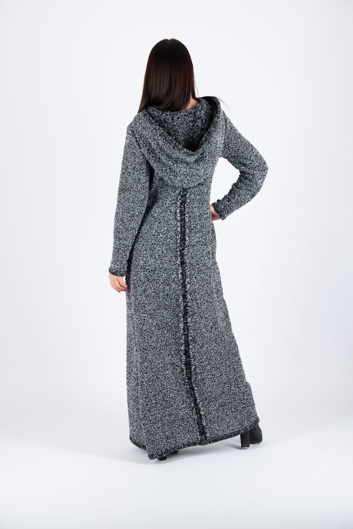 Dark grey hooded bouclé maxi dress Linda with reverse fabric back detail - EUG Fashion #dark-grey