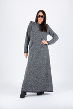 Dark grey hooded bouclé maxi dress Linda with reverse fabric back detail - EUG Fashion #dark-grey