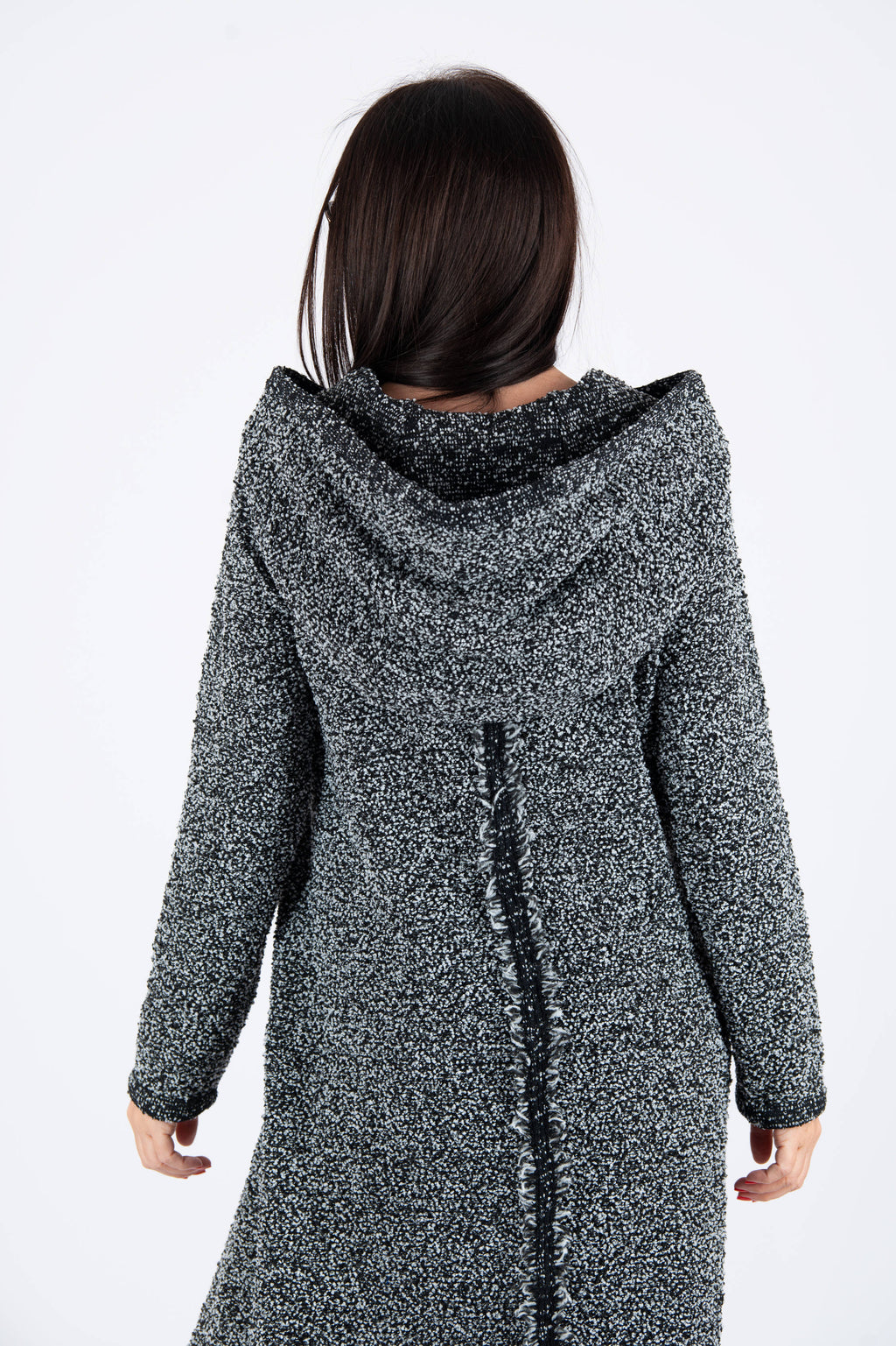 Dark grey hooded bouclé maxi dress Linda with reverse fabric back detail - EUG Fashion #dark-grey