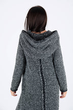 Dark grey hooded bouclé maxi dress Linda with reverse fabric back detail - EUG Fashion #dark-grey