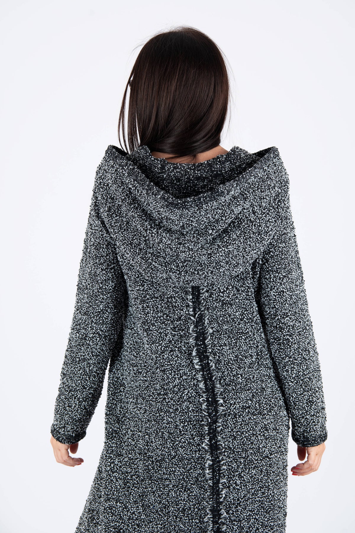Dark grey hooded bouclé maxi dress Linda with reverse fabric back detail - EUG Fashion #dark-grey