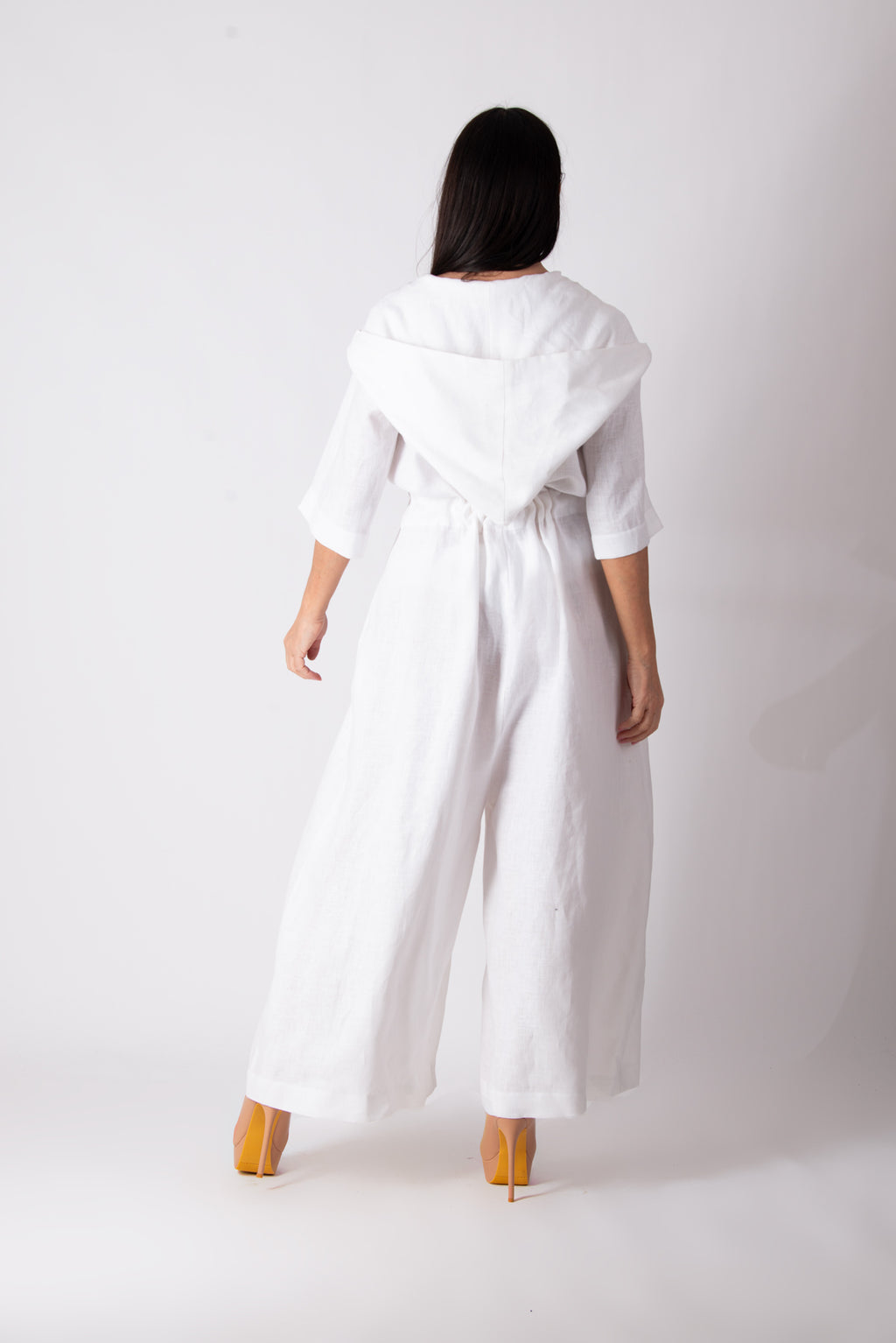 Hooded linen wide jumpsuit #white