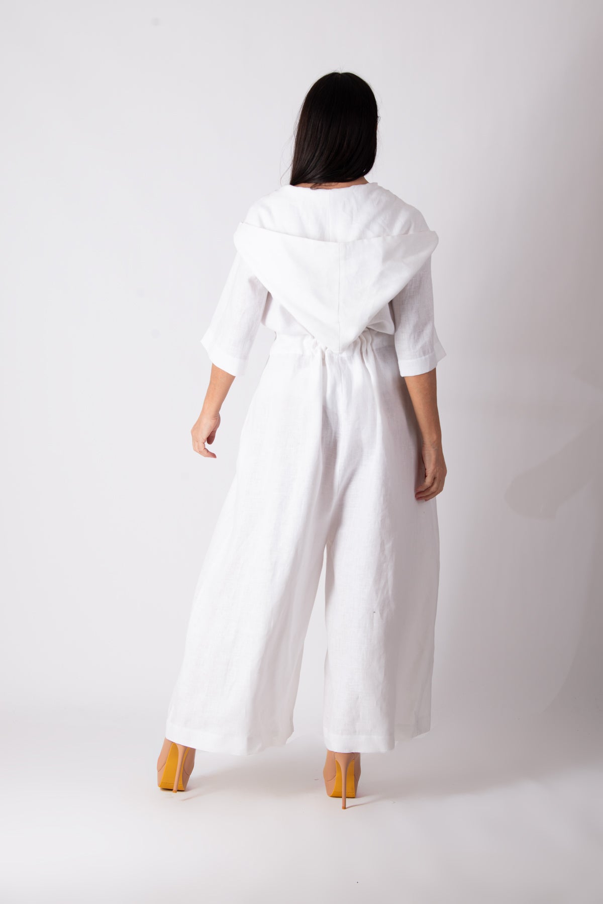 Hooded linen wide jumpsuit #white