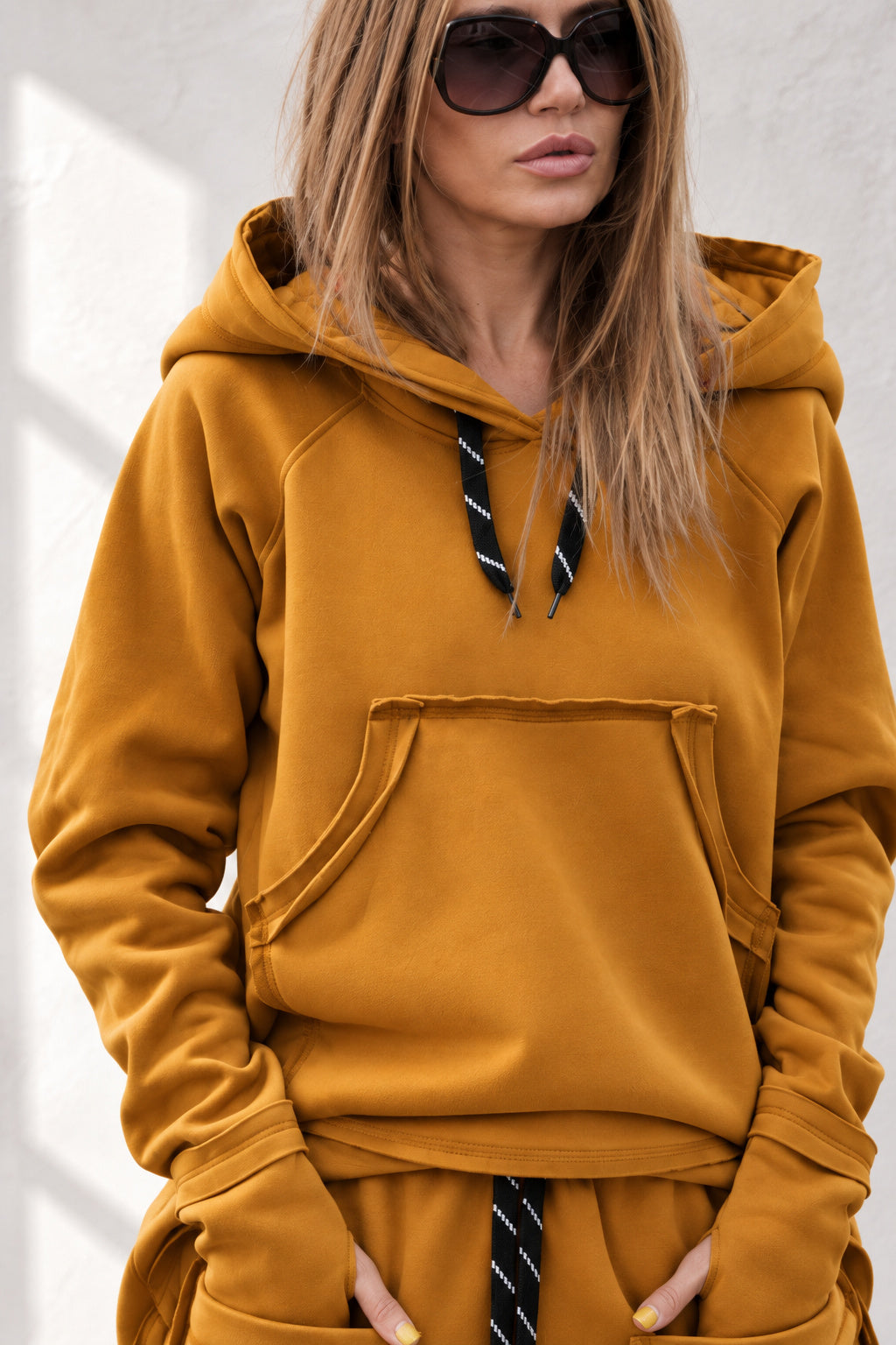Ocher cotton tracksuit with oversized hoodie and harem trousers - relaxed comfortable fit, Megan | EUG Fashion #ocher