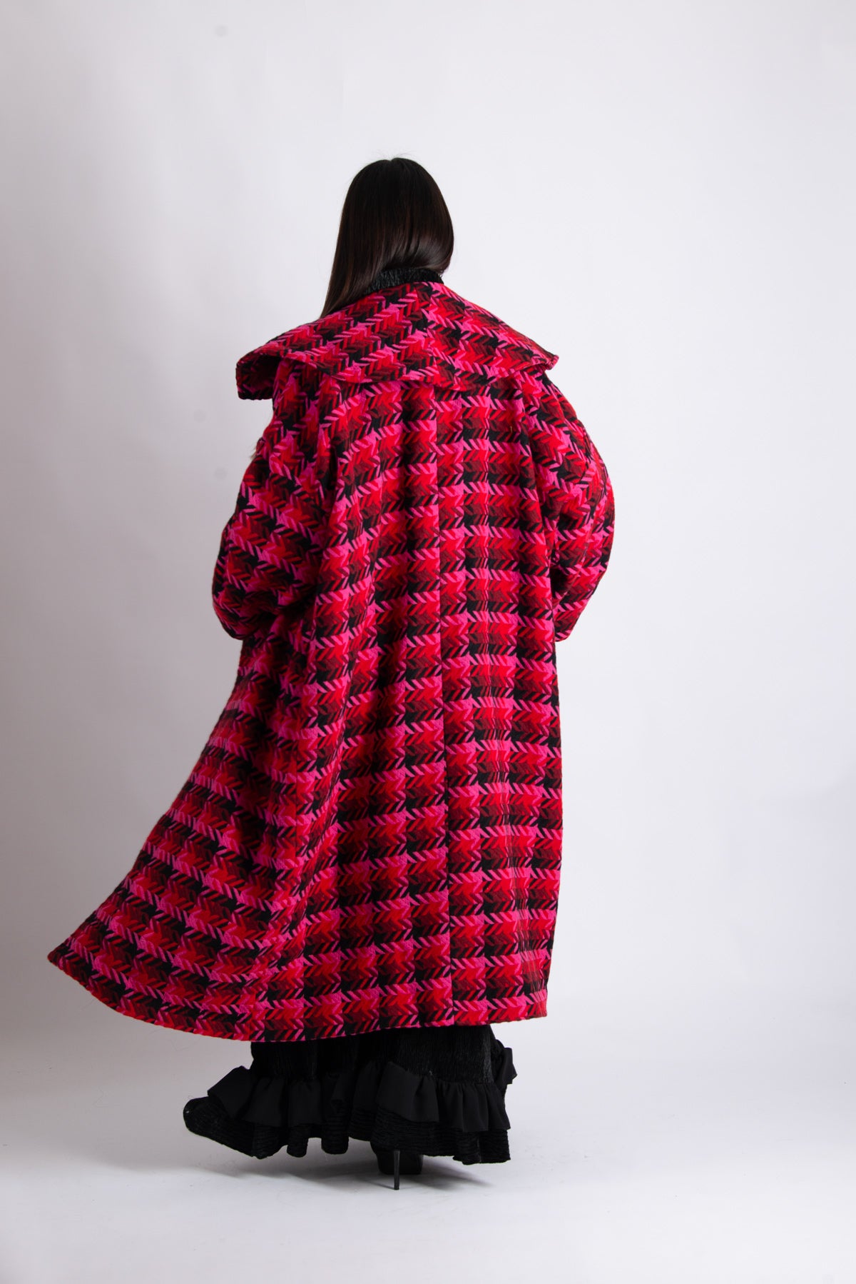 Hot pink houndstooth cape coat Siri with shawl collar - EUG Fashion #hot-pink
