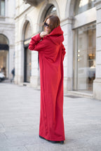 Red hooded maxi dress Iren cotton terry with side pockets - EUG Fashion #red
