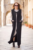 Black long sleeveless wool-feel vest with single-button closure - warm layering piece, Irene | EUG Fashion #black
